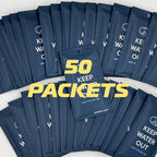 Multiple blue mustache barrier packages with text on a white background