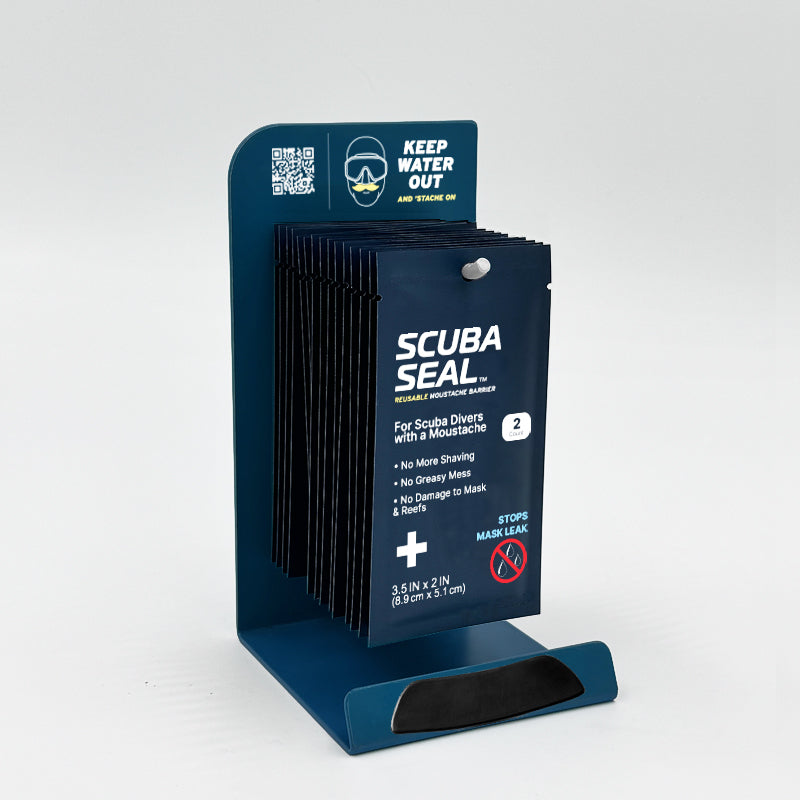 Display stand with Scuba Seal packages on a white background