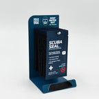 Display stand with Scuba Seal packages on a white background