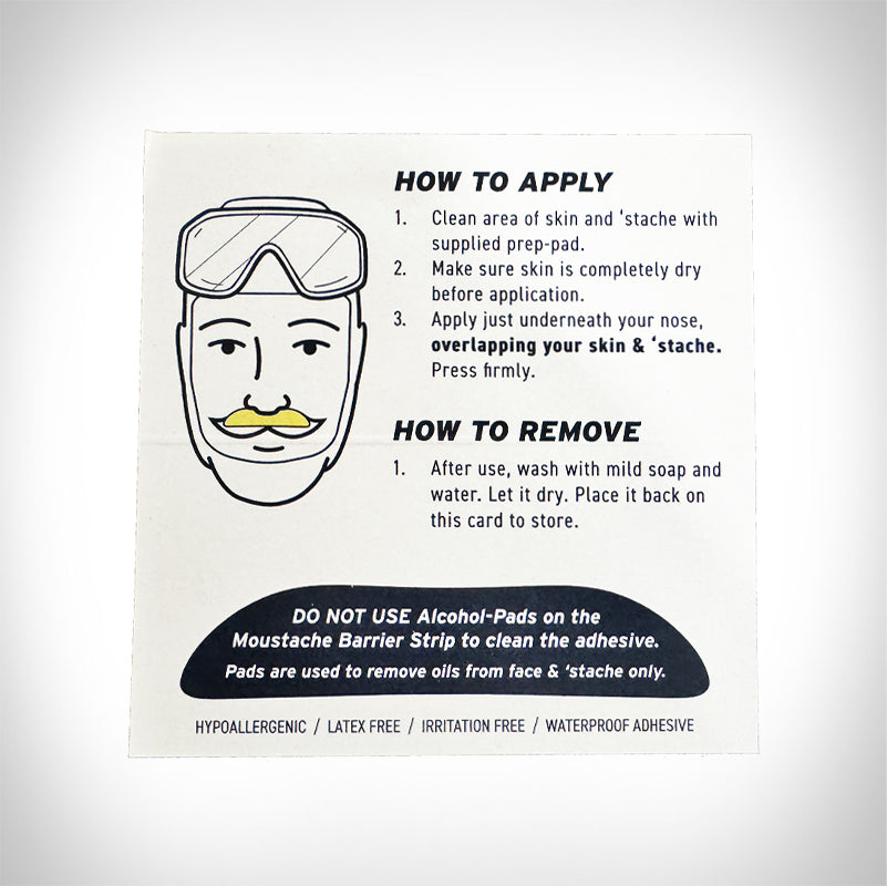 Instructions for applying and removing a moustache strip on a white background