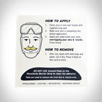 Instructions for applying and removing a moustache strip on a white background