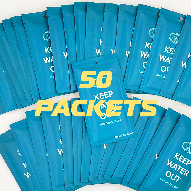 50 blue Snorkel Seal mustache barrier  packets with 'Keep Water Out and 'stache on' text on a white background