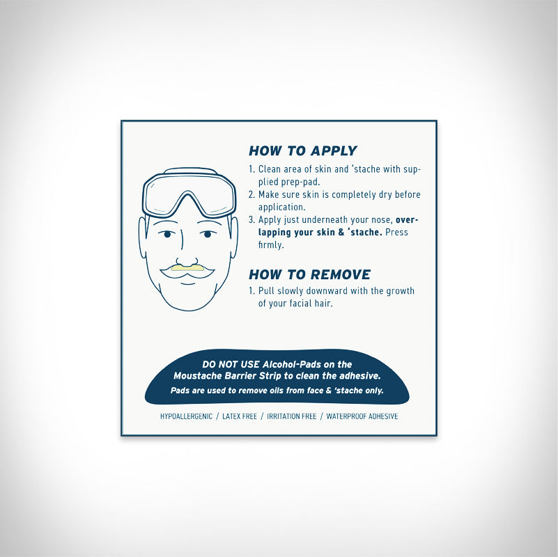 Instructions for applying and removing a moustache barrier strip on a white background
