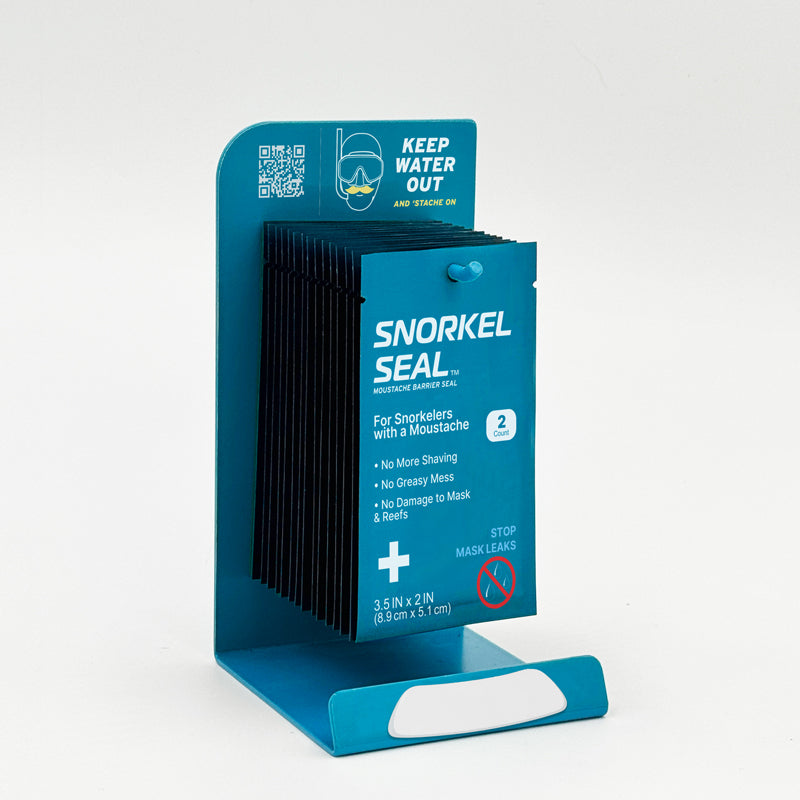 Snorkel seal retail display packaging on a stand with blue and white design